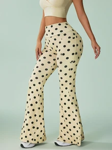 Sovereign Charm Women's Polka Dot Print Flare Leg Sports Pants With Pockets - Light Yellow - View 4