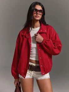 Athîral 女款休閒紅色高領寬鬆夾克外套，適合秋冬、聖誕節、新年 - 紅色 - 查看 4