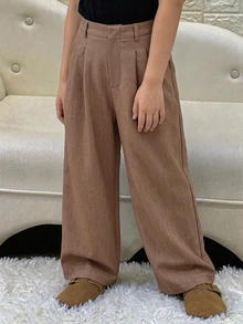 DAZY Pakaian Musim Gugur untuk Anak Perempuan Remaja (Ukuran Besar) Celana Panjang Lebar Tenun Warna Polos - Coffee Brown - View 6
