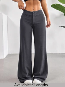 SHEIN Tall CURVE 大尺碼女款純色腰部鈕扣設計寬腿長褲 - 深灰色 - 查看 3