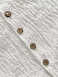 SHEIN LUNE Women's V-Neck Faux Linen Texture Blouse, Side Button Decor, Roll-Up Long Sleeve, Loose Casual Top - White - View 5