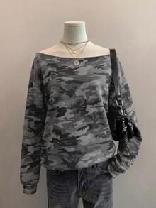 SHEIN EZwear 女款休閒衛衣，迷彩印花，露肩衛衣，女款秋冬服飾，街頭風，適合日常通勤、約會、派對、秋冬、夏季、聖誕節、新年、感恩節、派對、婚禮、海灘、畢業典禮，優雅、休閒、外出 - 彩色 - 查看 5