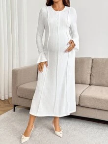 SHEIN Maternity Solid Color Round Neck Bell Sleeve Casual Dress Fall - White - View 5