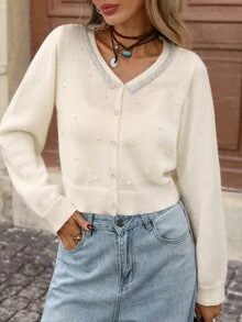 Brillora Autumn/Winter Women's Open Front Cardigan Sweater With Pearl And Rhinestone Chain Decor, Flared Cuffs, Casual Vacation Back To School Commute Work Daily Wear - Apricot - View 1