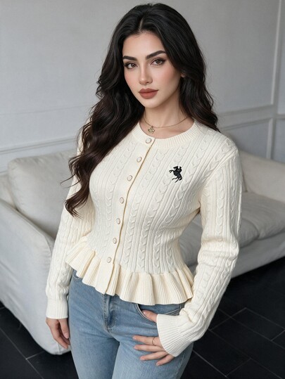 Modelyn Plus Size Women's Equestrian Embroidered Cable Knit Single-Breasted Cardigan With Ruffle Hem