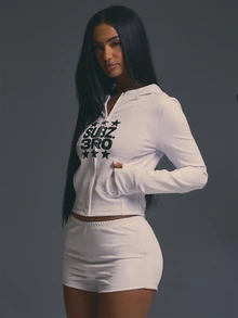 MUSERA White Graphic Long Sleeve Crop Top And Mini Shorts Co Ord Sold As Set Fall Autumn Winter Halloween Party Going Out Concert Rave Disco Graphic Sexy - White - View 3