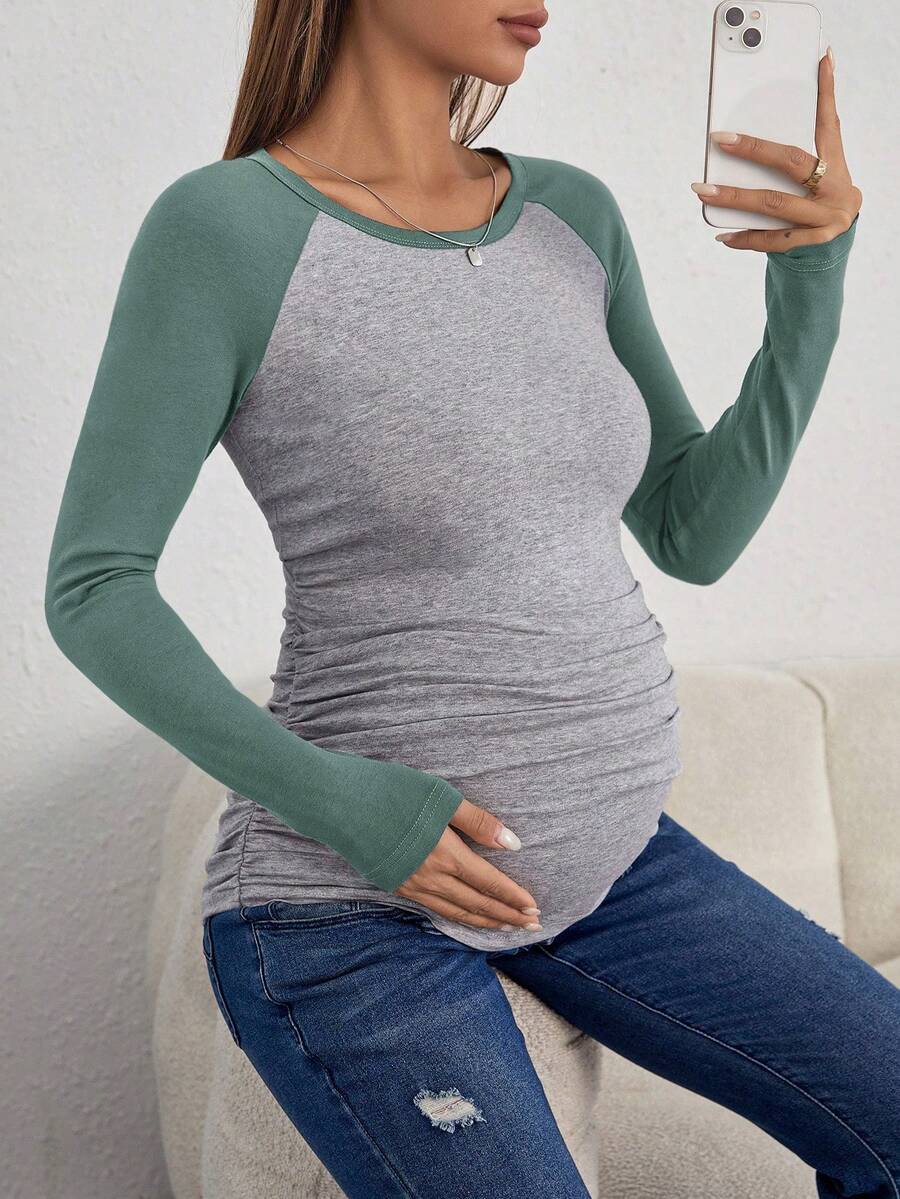 SHEIN 孕婦雙色落肩袖側收褶上衣 秋季款 - 綠色 - 查看 1