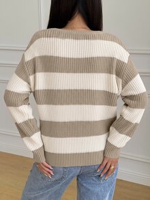 SHEIN 青少年女孩休閒條紋拼接露肩寬鬆蝙蝠袖長袖針織衫，秋冬季 - 卡其色 - 查看 2