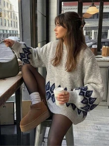 SHEIN Forest Style Vintage Loose Slouchy Knit Crew Neck Sweater - Grey - View 8