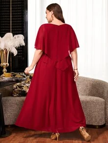 Reflora Plus Size Elegant Solid Color Party Dress - Red - View 2