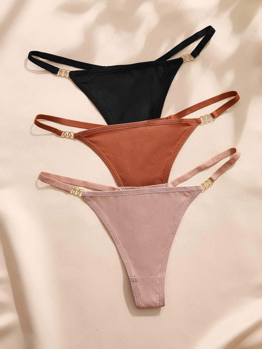 Snug Zone Women's Solid Color Waist Metal Ring Design Fashion Thong Panties (3pcs) - Multicolor - View 1