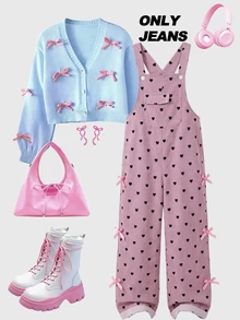 SHEIN Genkimix Kids 女童連身褲，四季新款，時尚休閒，粉色配側邊粉色蝴蝶結裝飾，黑色愛心印花，寬鬆直筒褲腿，燈芯絨面料，柔軟舒適，適合日常穿著、派對、外出等，四季新款女童連身褲 - 粉色 - 查看 8