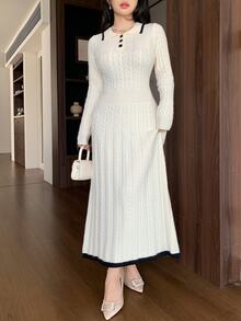Modelyn Women's Colorblock Polo Collar Long Sleeve Cable Knit Elegant Dress - Apricot - View 7