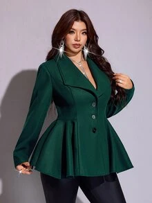 Viva Relle 大尺碼女款秋冬翻領單排扣收腰荷葉邊下擺短款羊毛西裝外套，通勤優雅顯瘦西裝外套 - 綠色 - 查看 3