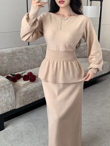 Modelyn Women's Solid Color Pleated Long Sleeve Top And Skirt Knit 2 Pieces Set - Khaki - View 1