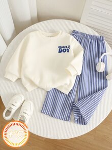 小男孩幼兒 2件組秋冬抓絨內裡休閒時尚運動衫套裝，條紋長褲，幼兒冬季穿搭，街頭風 - 藍色 - 查看 8