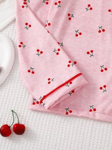 Teen Girls Beautiful Cute Red Cherry Pattern Elegant Comfortable Long Sleeve Pants 2 Pieces Loungewear Set - Pink - View 5