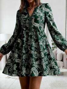 SHEIN LilyWest 女款秋冬新款印花蕾絲飾邊洋裝 - 綠色 - 查看 7