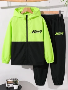 2件組青少年男孩休閒運動圖案拼色連帽外套與長褲套裝，適合通勤、上學、日常休閒、度假、旅行、運動，秋冬適用 - 彩色 - 查看 3