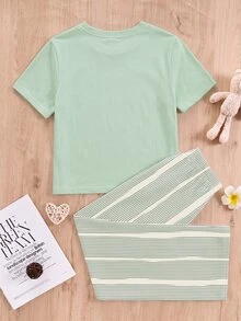 少女休閒甜美風簡約條紋圓領短袖長褲家居服套裝，適合日常居家穿著，舒適隨興，時尚女孩休閒穿搭 - 彩色 - 查看 2