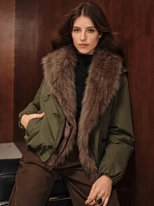 Anewsta Women's Plush Patchwork Casual Versatile Winter Padded Coat - Army Green - View 3