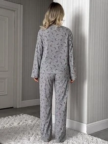 SHEIN Women Grey Moon & Star Print Crew Neck Long Sleeve Soft Ribbed Top And Matching Straight Leg Pants Casual Relaxed Fit 2-Piece Pajama Set - Light Grey - View 2