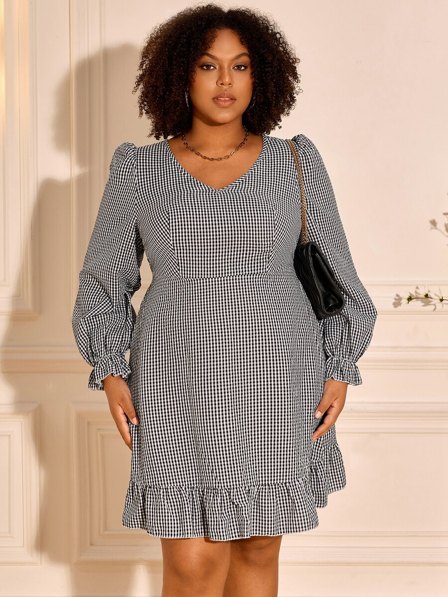 BrightlyHer Plus Size Black White Ruffle Trim V Neck Long Sleeve Dress Elegant Formal Fall Winter 2026 - Black and White - View 1