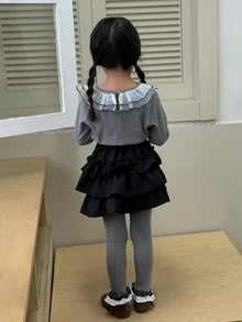 Dazy Kids Legging Lucu untuk Anak Perempuan dengan Pinggang Elastis dan Hiasan Patchwork di Bagian Bawah. - Dark Grey - View 2