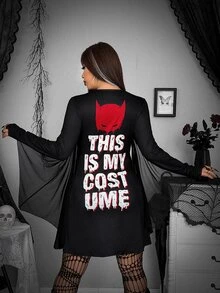 Whyspr BATMAN X SHEIN Đầm thời trang nữ size lớn in slogan phối lưới tương phản cho mùa thu - màu đen - Xem 1