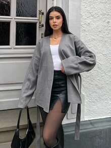 MainGRL 女款純色前綁帶長袖極簡優雅夾克，休閒日常穿著，秋季/辦公室米白色 - 淺灰色 - 查看 5