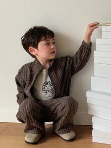 Dazy Kids Baby Boy) Striped Long Sleeve Jacket & Long Pants Korean Style 2 Pieces Set Toddler Fall - Coffee Brown - View 4