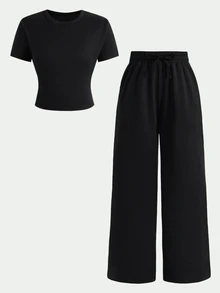 SHEIN Serisse Kids Tween女孩針織春夏新款時尚休閒極簡風棕色T恤配繫帶寬鬆長褲2件套，日常百搭度假款 - 黑色 - 查看 2