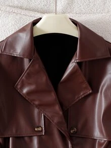 SHEIN 青少年女孩純色腰部綁帶休閒百搭長袖夾克 - 棕色 - 查看 4