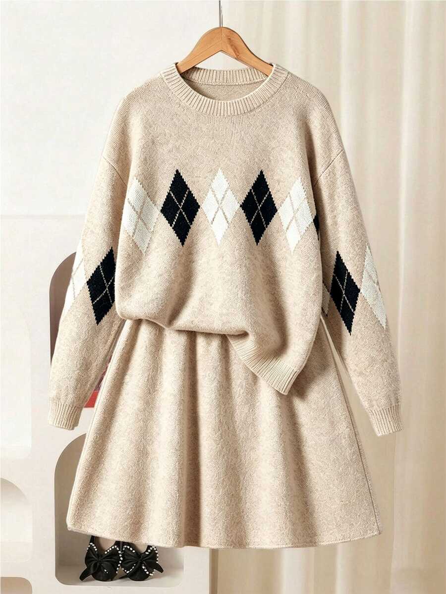 2件組青少年女孩毛衣套裝，深淺棕色系，秋季 80 年代風，假日返校穿搭，圓領套頭衫與迷你裙，針織棕色秋季連身裙 - 杏色 - 查看 1