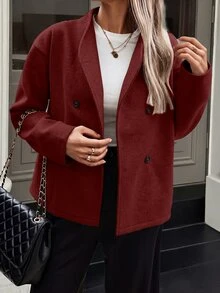 Easura 歐美秋冬新款素色復古雙排扣女款V領通勤大衣 - 酒紅色 - 查看 4