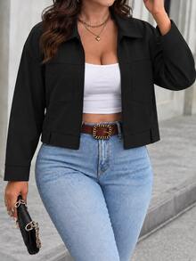EMERY ROSE Women's Short Jacket With Lapel Collar, Zipper Front, Basic Daily Style, Dual Chest Pockets, Loose Fit - Black - View 3