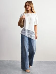 Willow Rêve Women's Round Neck Lace Patchwork Asymmetrical Hem T-Shirt - White - View 3