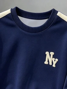 2pcs Young Boy Cool Graphic & Personalized Geometric Fashion Print Crew Neck Sweatshirt And Sweatpants Set, Suitable For Holiday Parties - Navy Blue - View 5