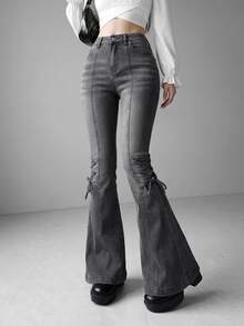 FRIFUL Women's Casual Flare Jeans With Pocket And Eyelet Lace-Up Design - Dark Grey - View 8