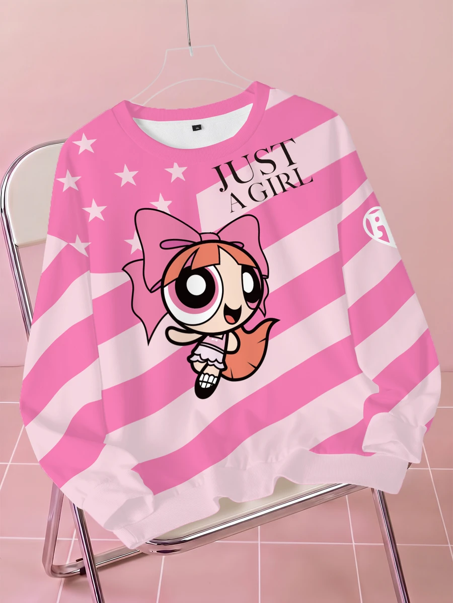 THE POWERPUFF GIRLS X SHEIN Plus Size Women's Striped Letter Print Long Sleeve Casual Sweatshirt - White - View 1