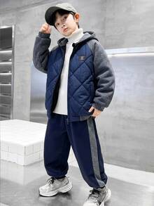 SHEIN Little Byeori Boys Colorblock Padded Casual Kids Sports Long Sleeve Set, Padded Winter Jacket + Fleece Sweatpants - Royal Blue - View 6
