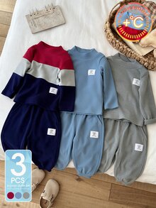 SHEIN 1pc Baby Boy Pullover Sweatshirt Preppy Red Blue Grey Letter Patch Ribbed Patchwork Long Sleeve Mock Neck Thickened Holiday Fall Jogging Cozy Basic - Navy Blue - View 12