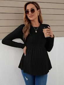 SHEIN Kaos Hamil Kasual Warna Polos dengan Hiasan Ruffle di Bagian Bawah, Bahan Rajut, Lengan Panjang, Motif Piala Dunia Musim Gugur - Hitam - View 1