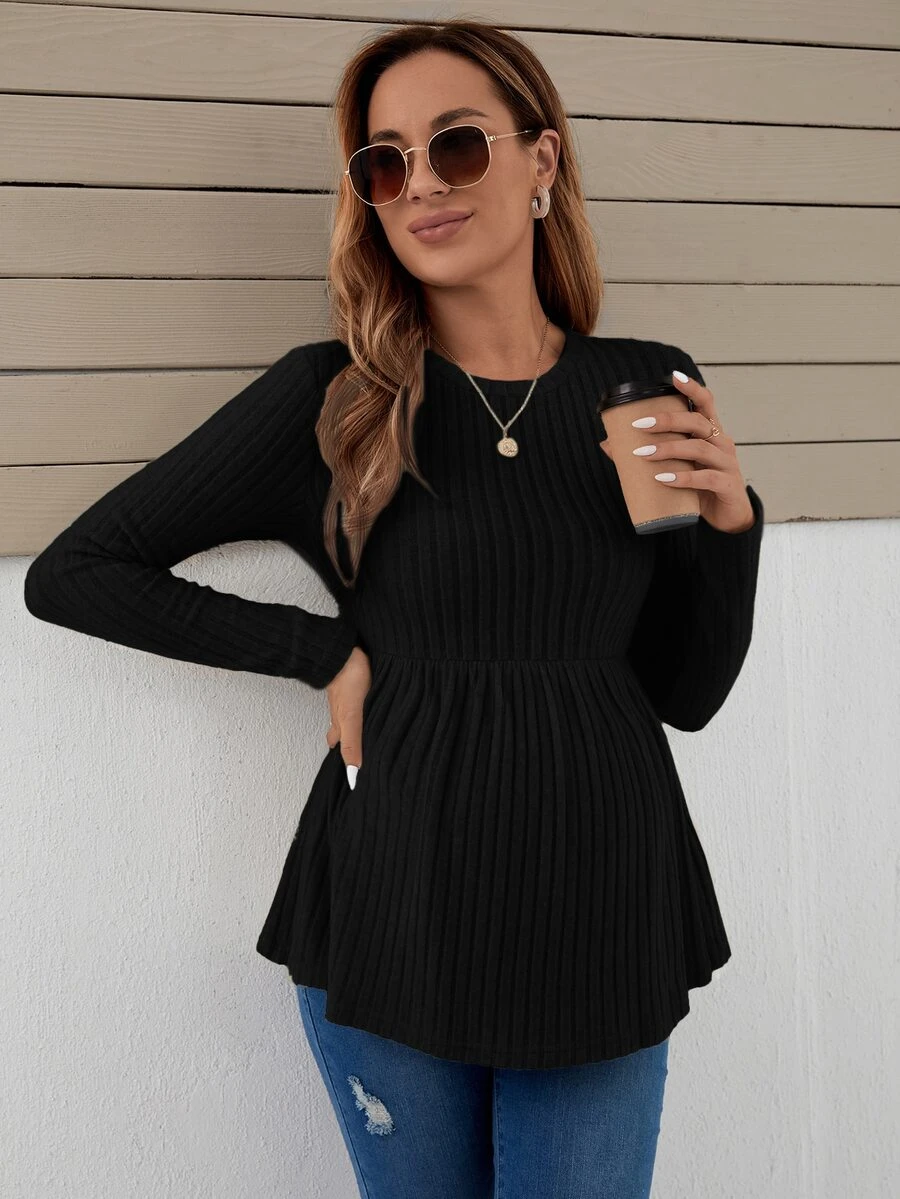 SHEIN Kaos Hamil Kasual Warna Polos dengan Hiasan Ruffle di Bagian Bawah, Bahan Rajut, Lengan Panjang, Motif Piala Dunia Musim Gugur - Hitam - View 1