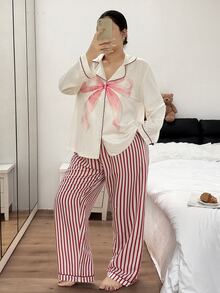 Napfluff CURVE Napfluff CURVE Plus Size Plus Size Bow Print Lapel Long Sleeve Pajama Set - Multicolor - View 3
