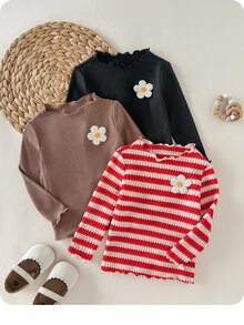 SHEIN 女嬰可愛休閒針織條紋花卉圖案長袖上衣 3件套（上衣與下裝分開銷售） - 紅色 - 查看 3