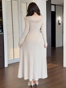 Feyla Women's Solid Color Contrast Lace Faux Pearl Decor Elegant Long Dress - Apricot - View 2