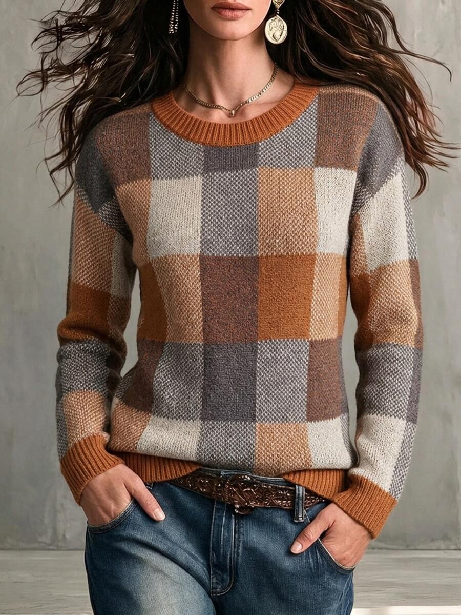 SHEIN 女款格紋圓領長袖休閒套頭毛衣 - 橘色 - 查看 1