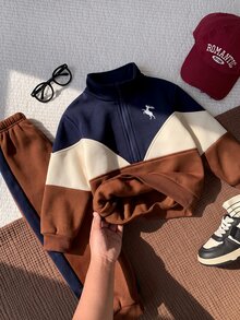 SHEIN 2pcs Kids Young Boy Pattern Contrast Color Knit Long Sleeve - Pullover Collar Sweatshirt & Autumn Winter Pants Set, Red Sweatshirt Set, Sports Outfit - Multicolor - View 9