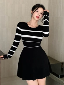 DAZY Women's Patchwork Striped Round Neck Long Sleeve Casual Knit Dress - Black - View 7